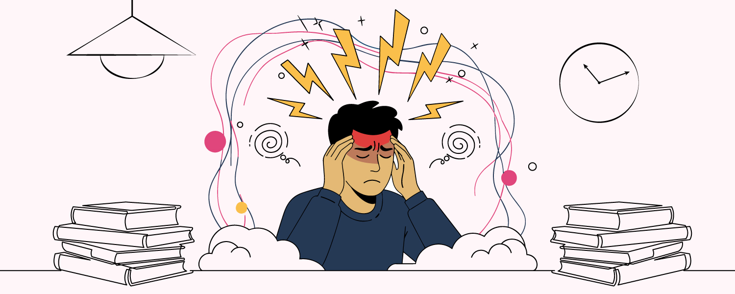 Stressed man surrounded by books