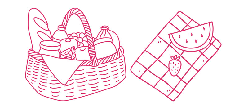 basket with food and picnic blanket illustration