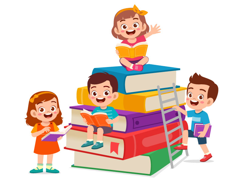 children climbing a large stack of books cartoon