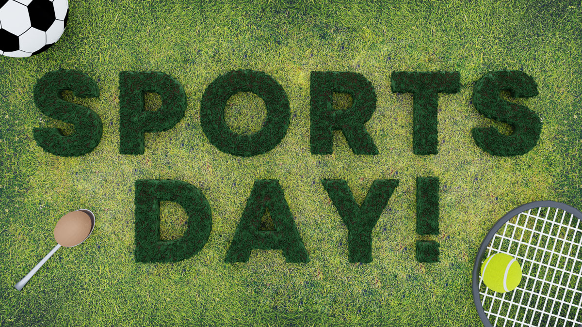 Sports day title with sports equipment