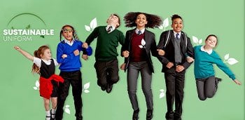 children jumping with green background and sustainable icons