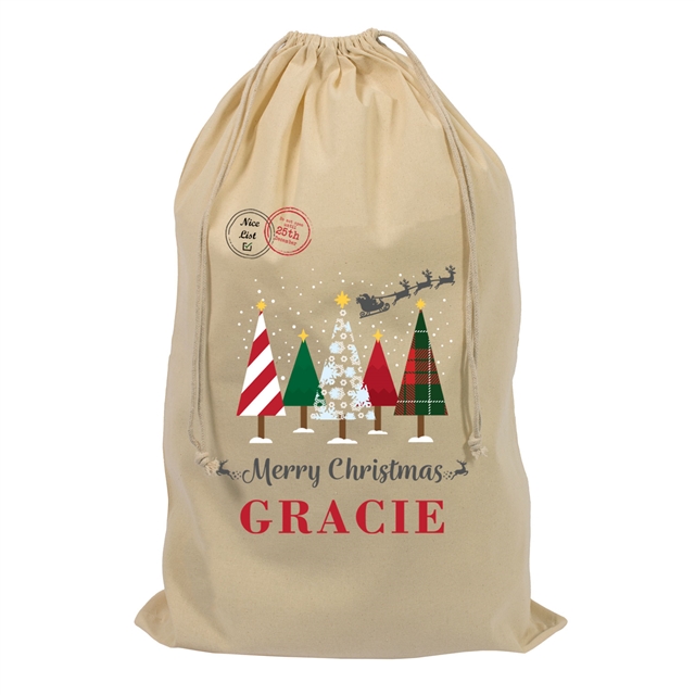 Merry Christmas Trees Personalised Christmas Stocking Gift Sack - Large
