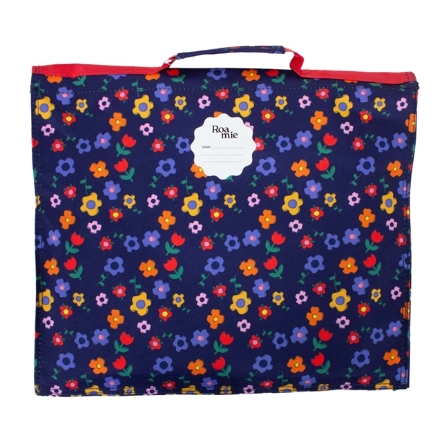 Reverse view of eco-friendly flower book bag showing name label
