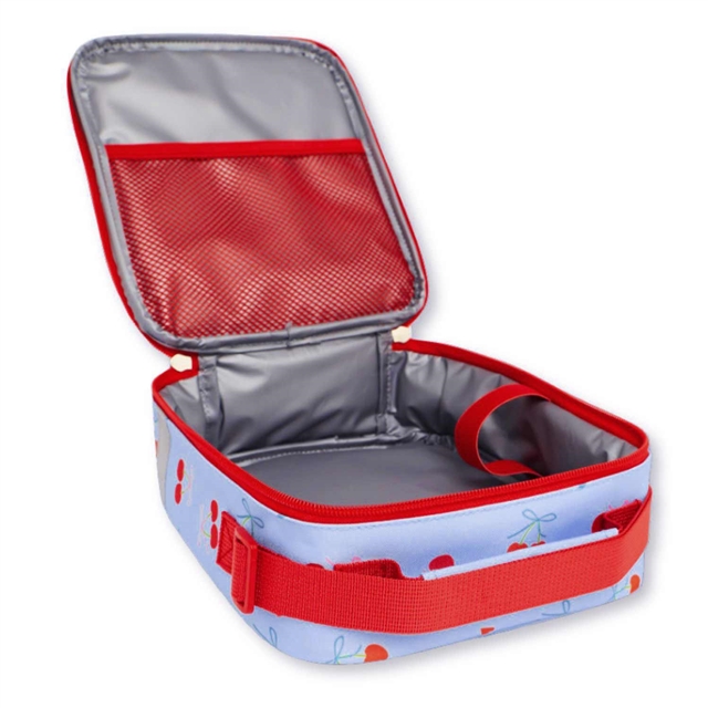 Inside view of children's cherry design school lunch bag with insulated lining