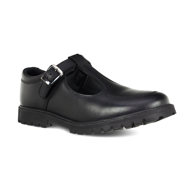 Girls Black T-Bar Buckle Leather School Shoes