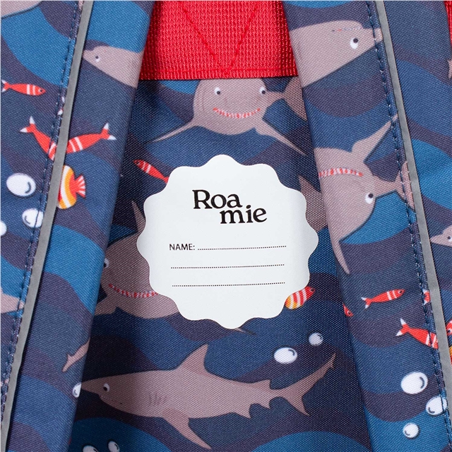 Eco-friendly boys backpack showing name label