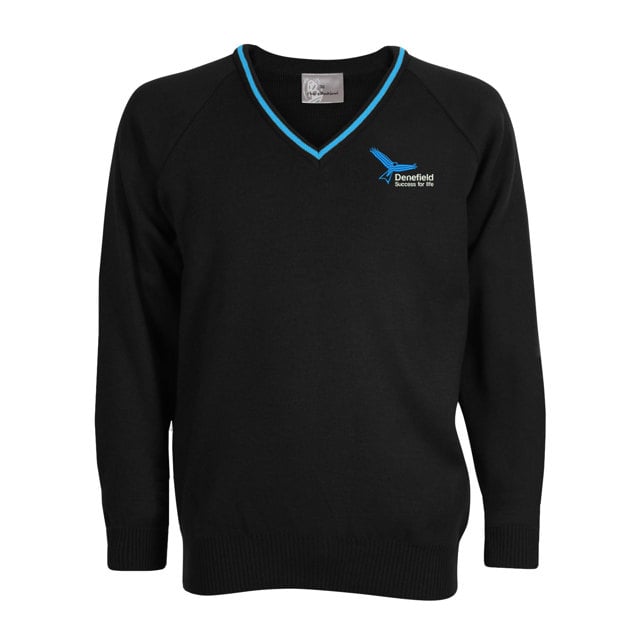 Denefield School Acrylic V-Neck Jumper with Stripe