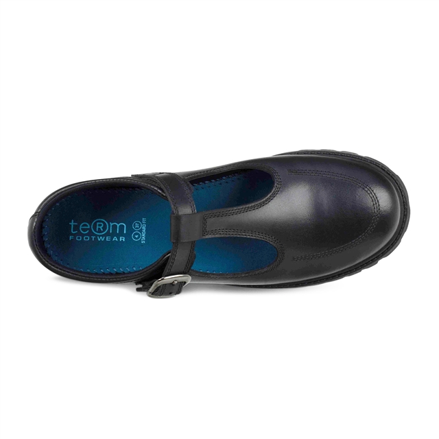 Girls Black T-Bar Buckle Leather School Shoes