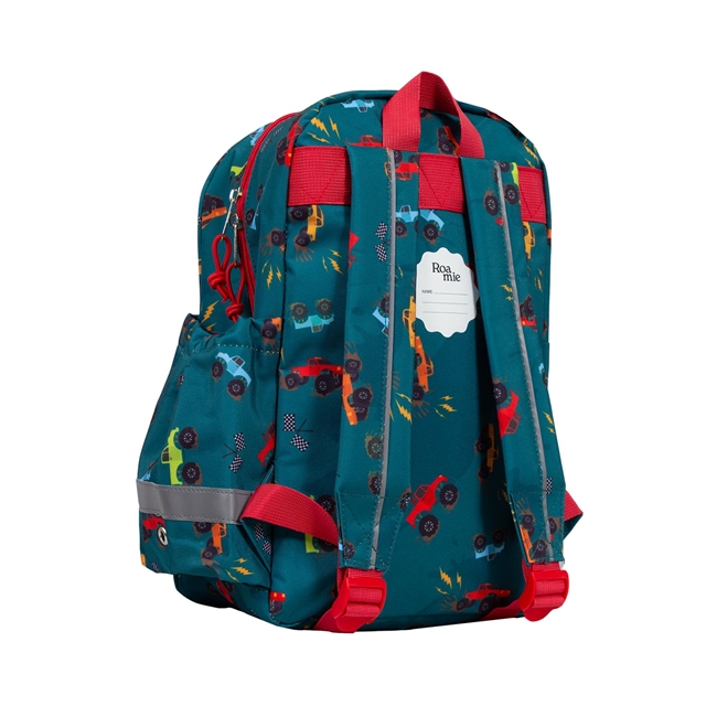 Back view of kids monster truck backpack showing comfortable adjustable padded shoulder straps
