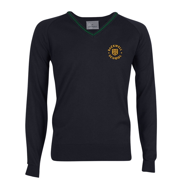 Backwell Secondary School V-Neck Jumper with Stripe - Sedgemoor (Navy/Bottle)