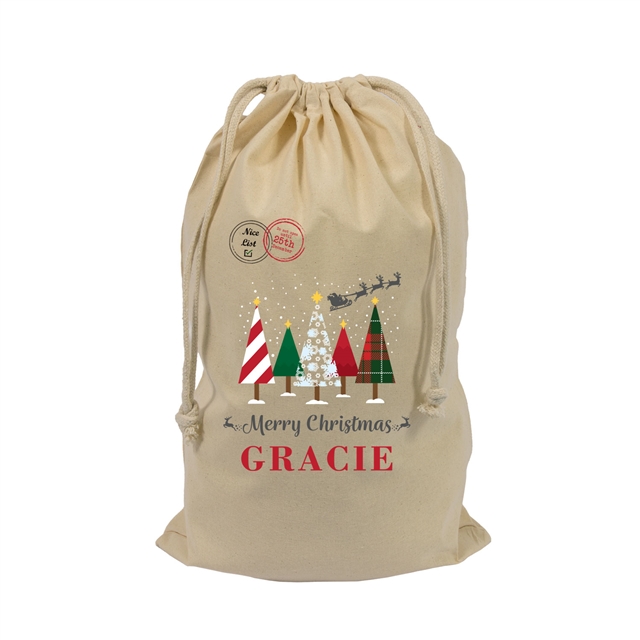 Merry Christmas Trees Personalised Christmas Stocking Gift Sack - Small