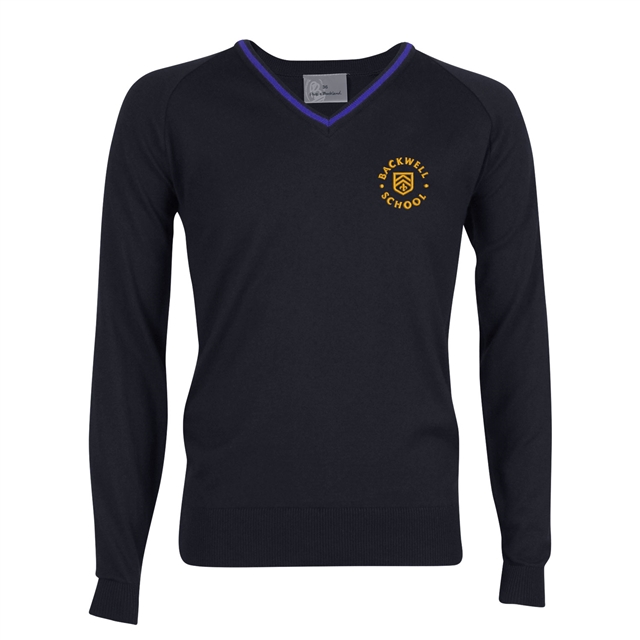 Backwell Secondary School V-Neck Jumper with Stripe - Cotswold (Navy/DkRoyal)