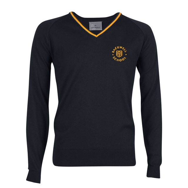 Backwell Secondary School V-Neck Jumper with Stripe - Quantock (Navy/Amber)