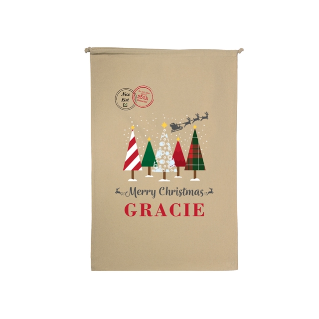 Merry Christmas Trees Personalised Christmas Stocking Gift Sack - Small