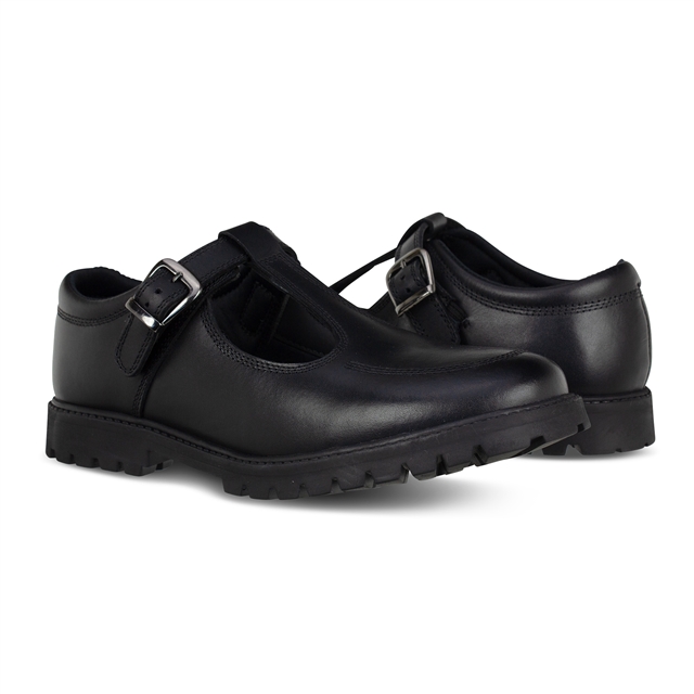 Girls Black T-Bar Buckle Leather School Shoes