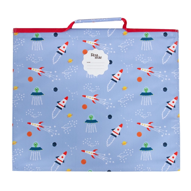 Reverse view of eco-friendly space book bag showing name label