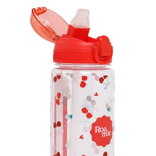 Close up of cherry classic water bottle showing secure drinking cap