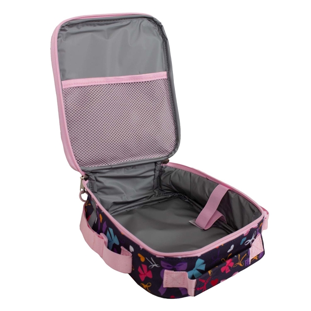 Inside view of children's bows design school lunch bag with insulated lining