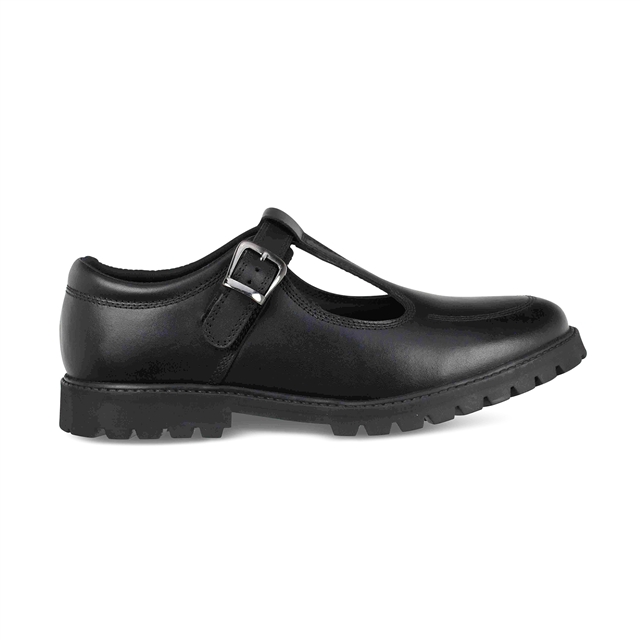 Girls Black T-Bar Buckle Leather School Shoes