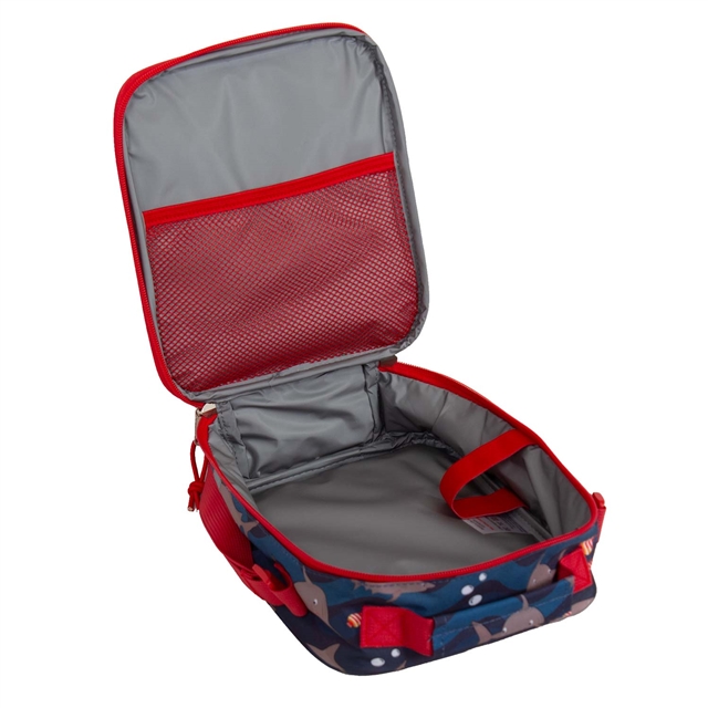 Inside view of children's shark design school lunch bag with insulated lining