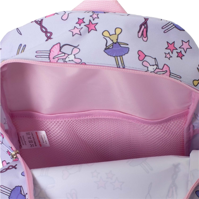 Inside view of children's ballerina school backpack with spacious compartment
