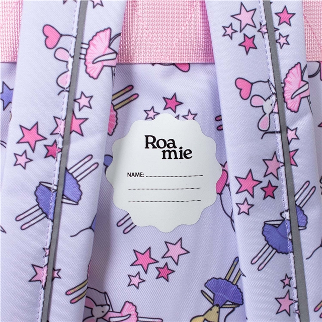 Eco-friendly girls backpack showing name label