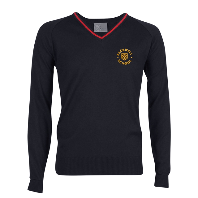 Backwell Secondary School V-Neck Jumper with Stripe - Mendip (Navy/Red)