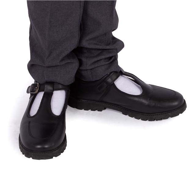 Girls Black T-Bar Buckle Leather School Shoes